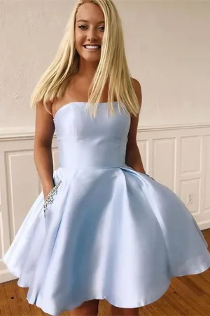 Simple Strapless A Short Light Blue Homecoming Dress with Beads Pockets OKY61