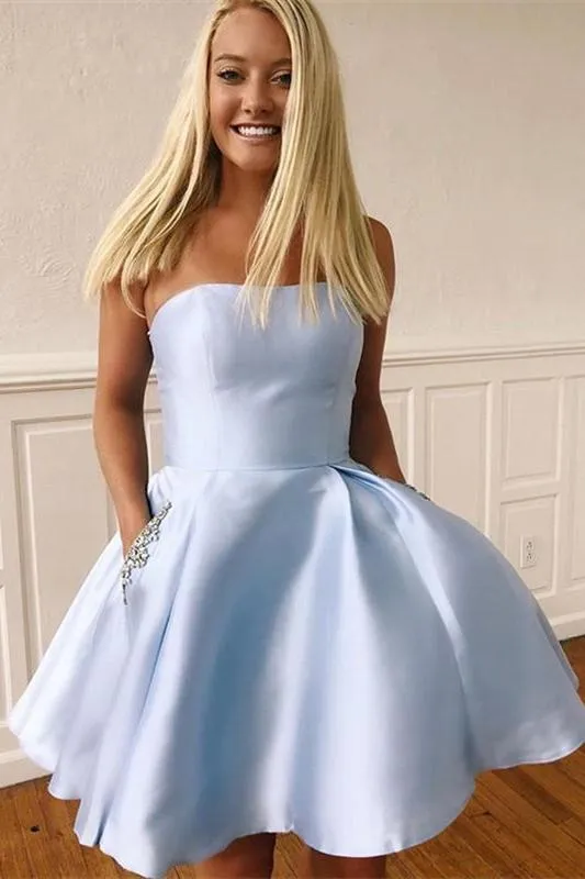 Simple Strapless A Short Light Blue Homecoming Dress with Beads Pockets OKY61