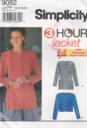 Simplicity 9082 EASY 3 Hour Womens Collarless Princess Seamed Jacket with Optional Lining 1990s Vintage Sewing Pattern Size 12 - 18 UNCUT Factory Folded