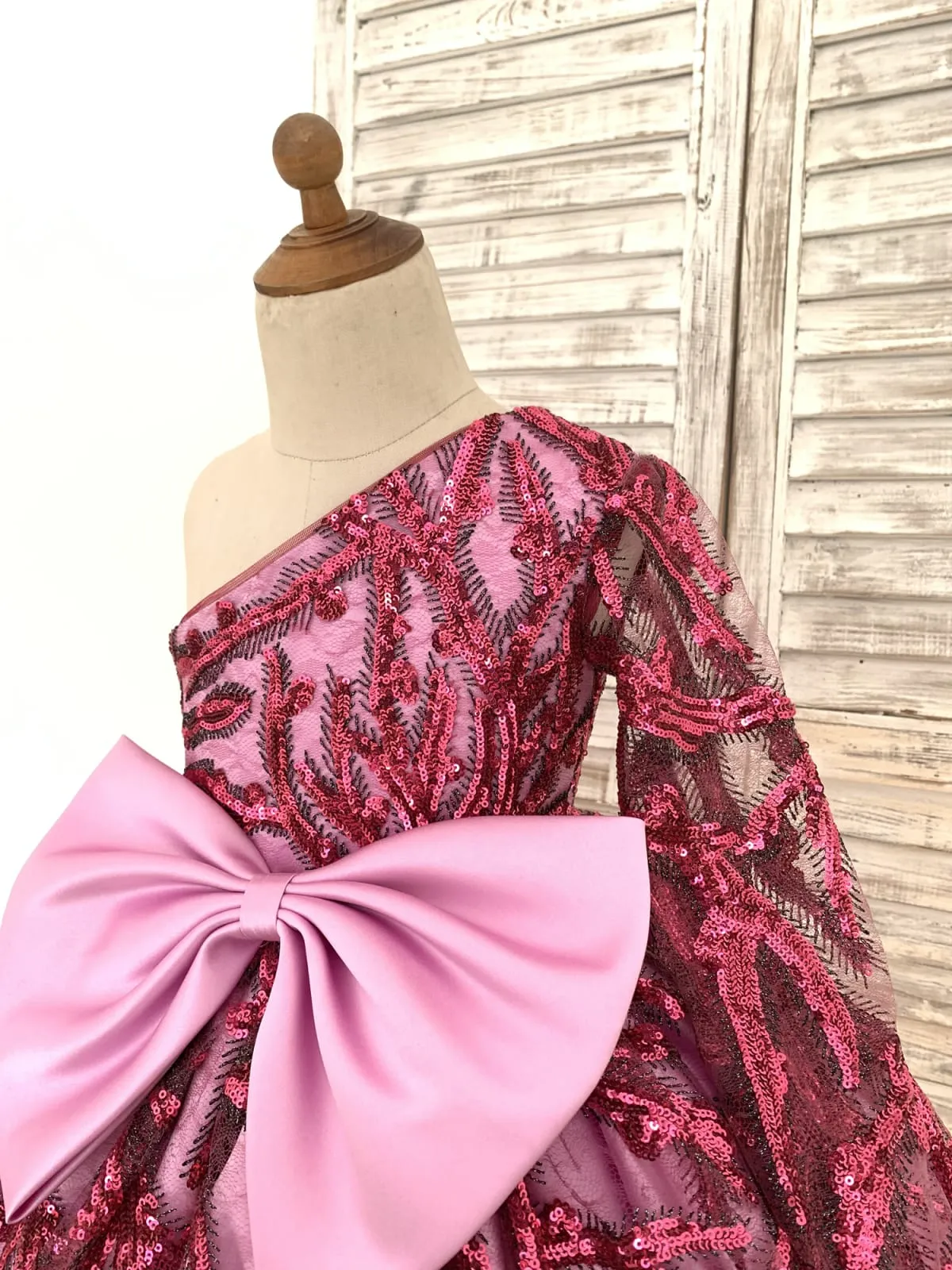 Single Sleeve Fuchsia Sequin Satin Wedding Flower Girl Dress Kids Birthday Party