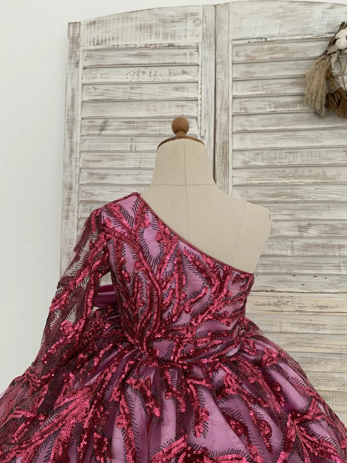Single Sleeve Fuchsia Sequin Satin Wedding Flower Girl Dress Kids Birthday Party