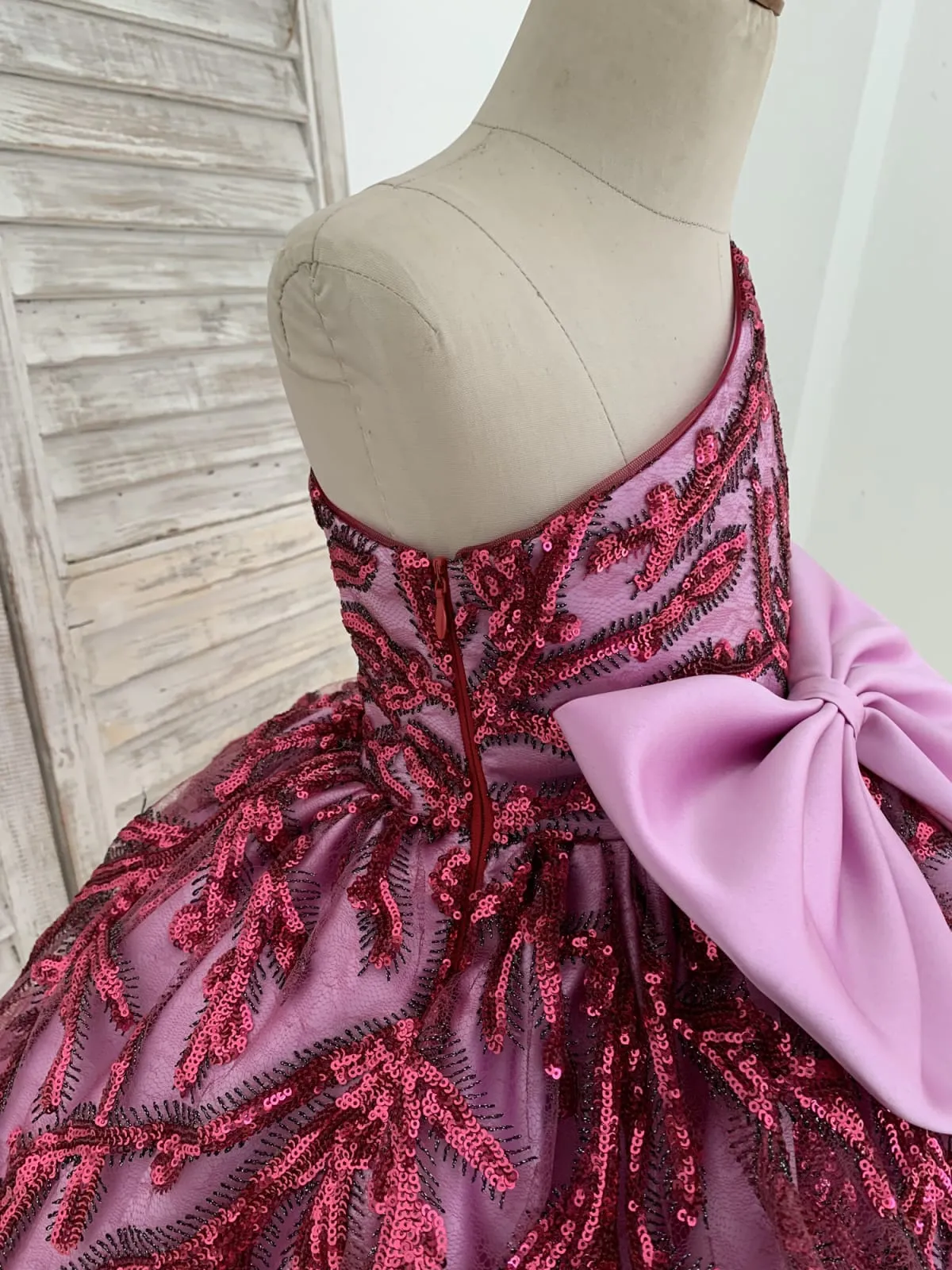 Single Sleeve Fuchsia Sequin Satin Wedding Flower Girl Dress Kids Birthday Party
