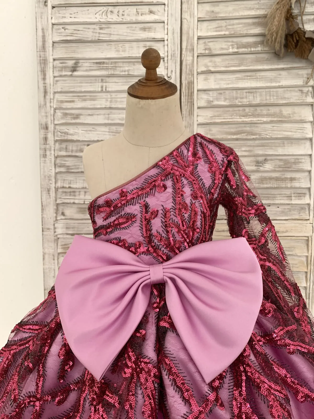Single Sleeve Fuchsia Sequin Satin Wedding Flower Girl Dress Kids Birthday Party