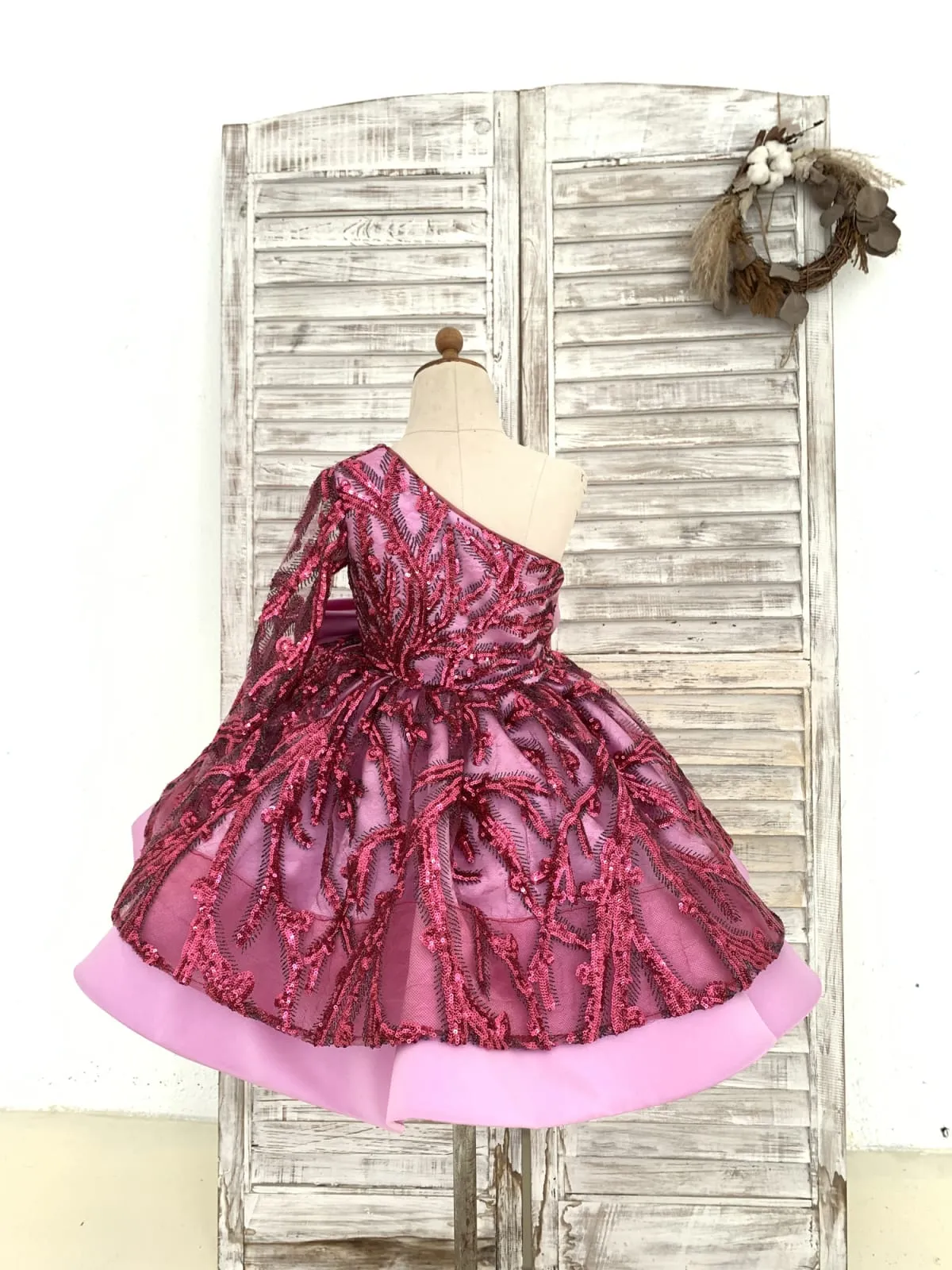 Single Sleeve Fuchsia Sequin Satin Wedding Flower Girl Dress Kids Birthday Party