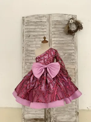 Single Sleeve Fuchsia Sequin Satin Wedding Flower Girl Dress Kids Birthday Party