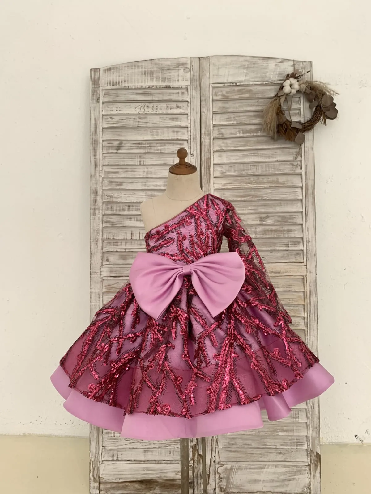 Single Sleeve Fuchsia Sequin Satin Wedding Flower Girl Dress Kids Birthday Party