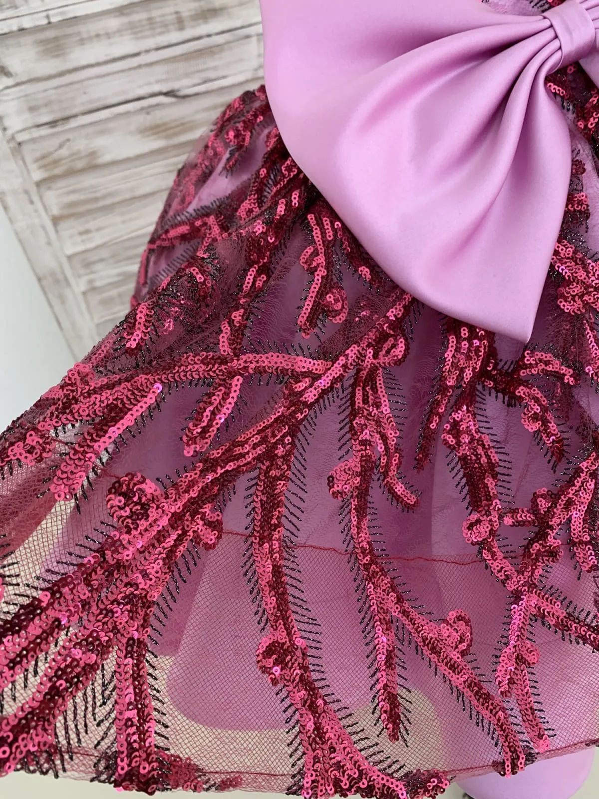 Single Sleeve Fuchsia Sequin Satin Wedding Flower Girl Dress Kids Birthday Party