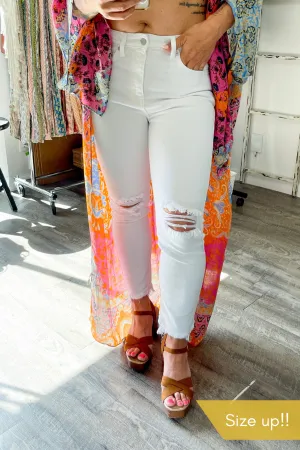 Size 4 // High Rise White Distressed Straight Leg Denim