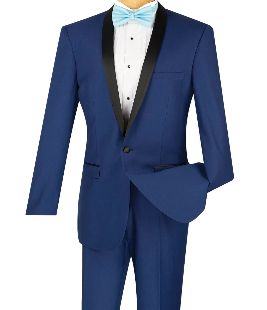 Slim Fit 2 Piece 1 Button Shawl Collar Tuxedo (Blue) T-SS