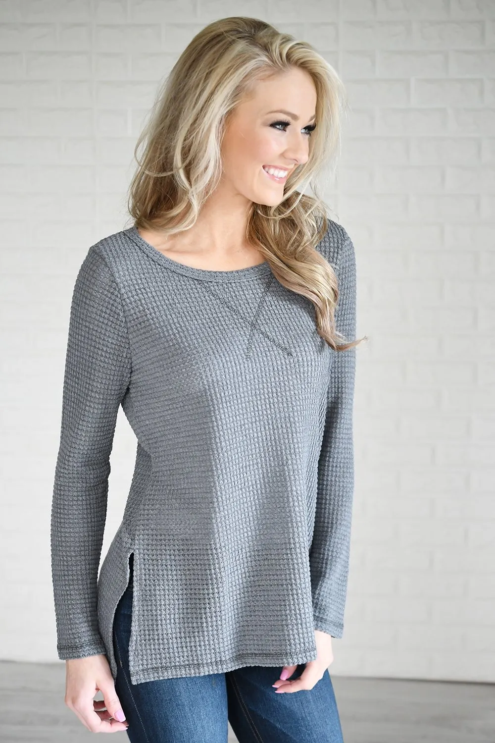 Soft Slate Blue Knit Thermal Top