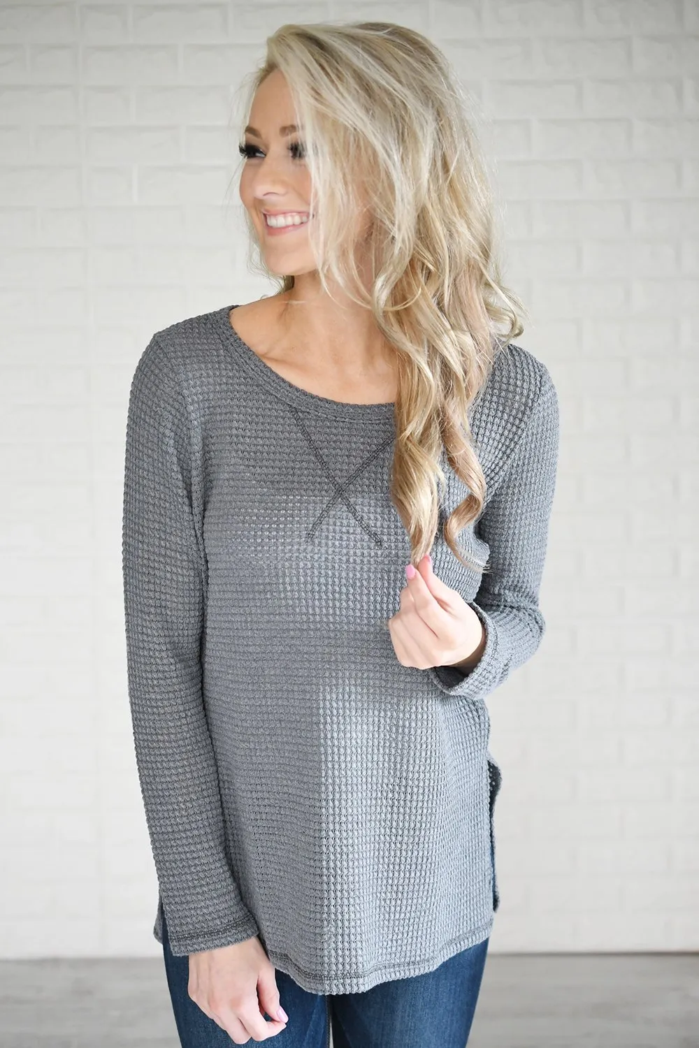 Soft Slate Blue Knit Thermal Top