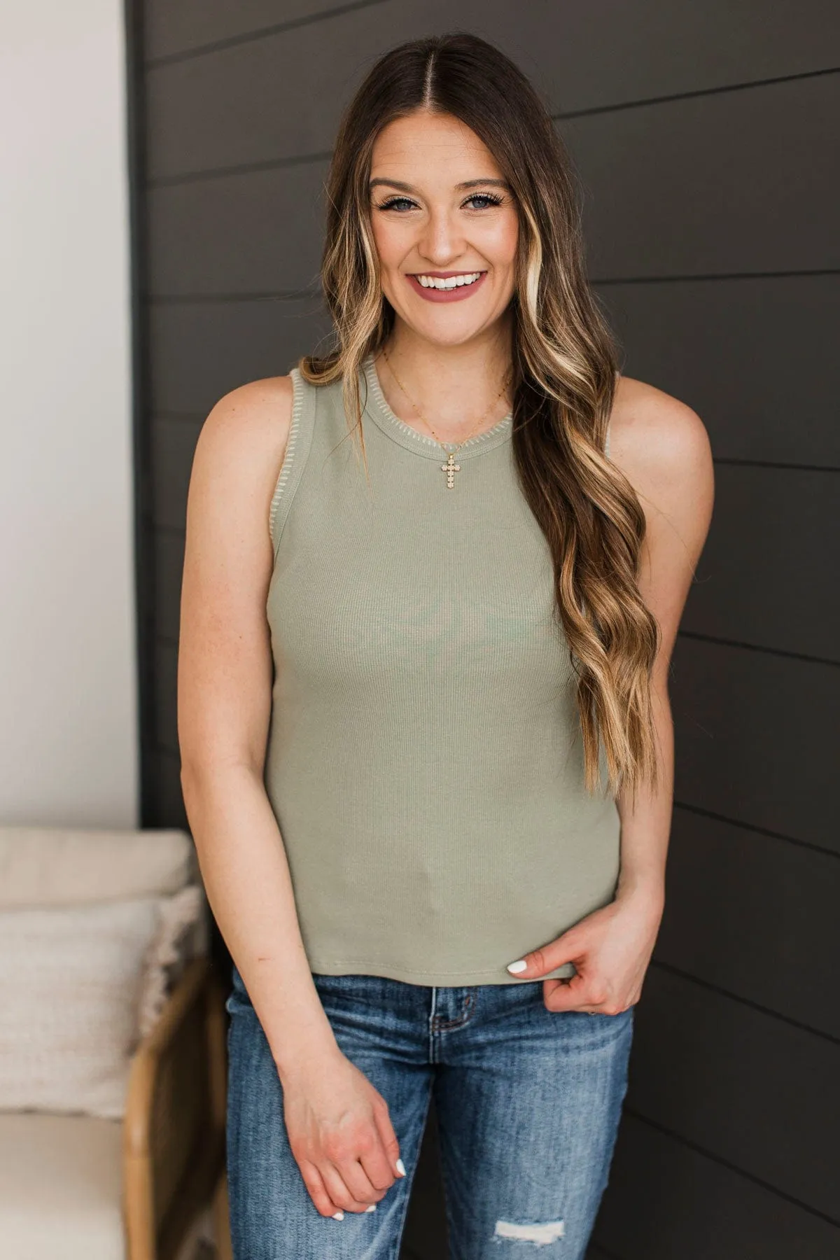 Songs About Love Blanket Stitch Tank Top- Sage
