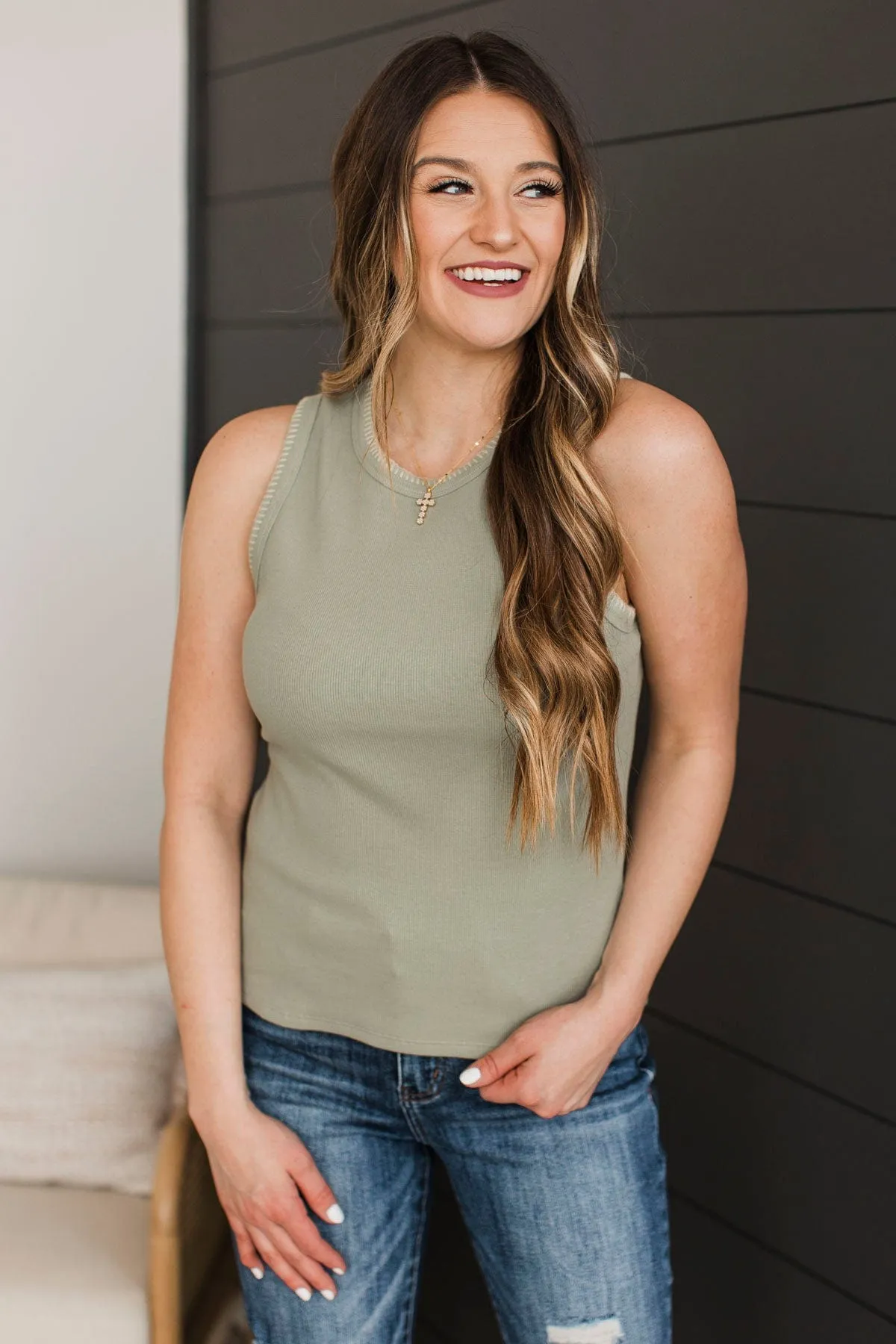 Songs About Love Blanket Stitch Tank Top- Sage