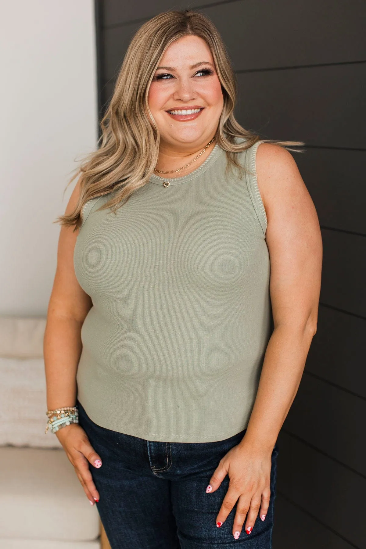 Songs About Love Blanket Stitch Tank Top- Sage