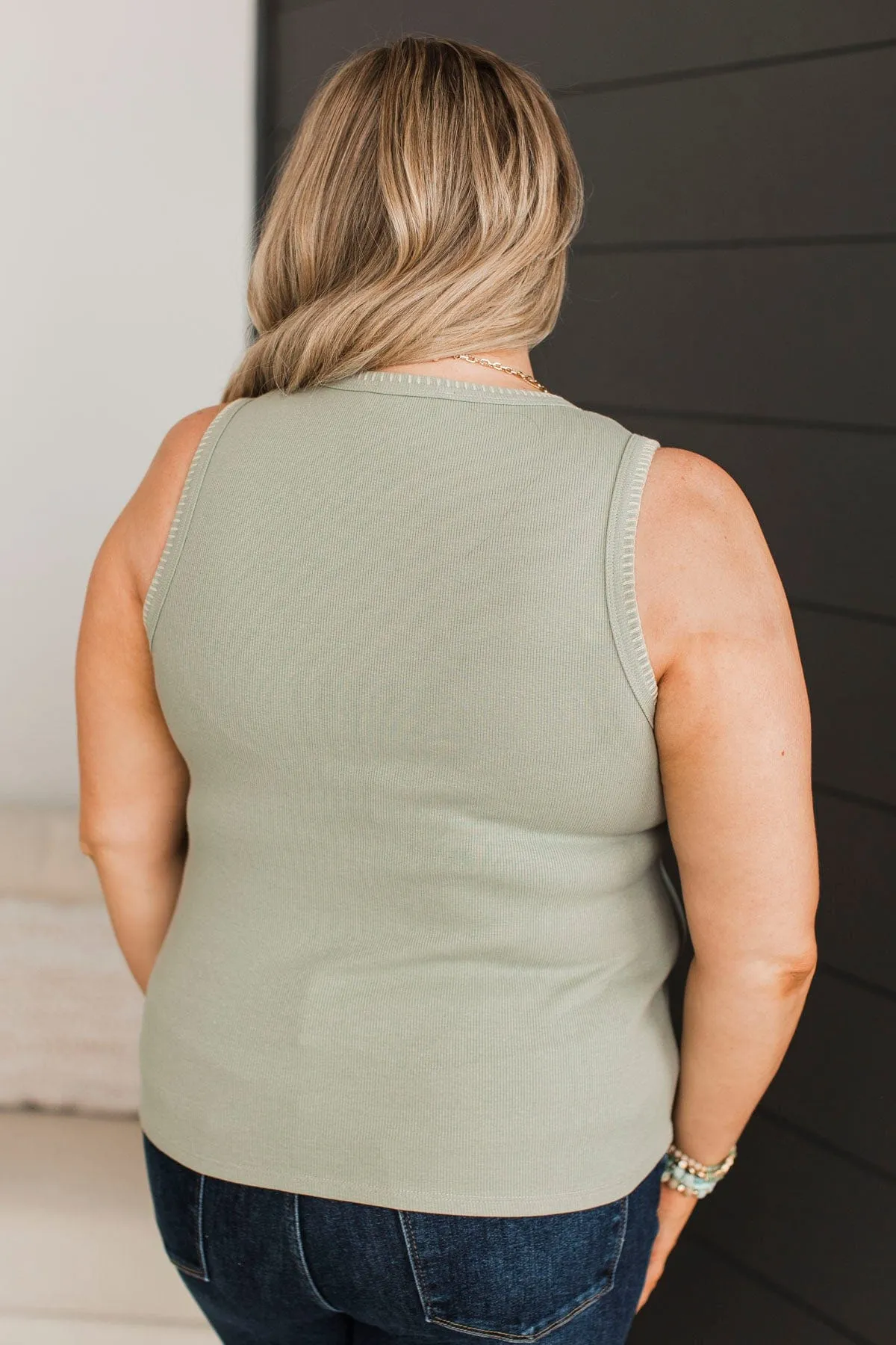 Songs About Love Blanket Stitch Tank Top- Sage