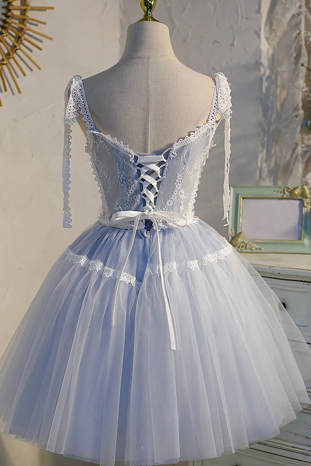 Spaghetti Straps Lace Tulle Short Homecoming Dresses