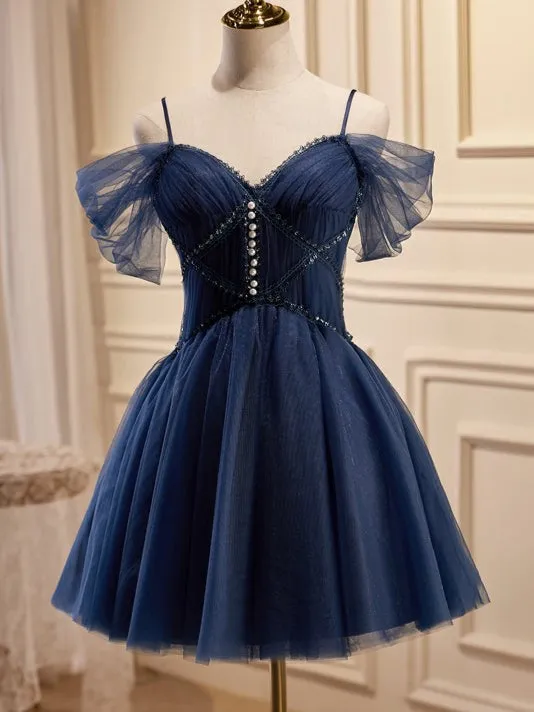 Spaghetti Straps V Neck Tulle Short Homecoming Dresses