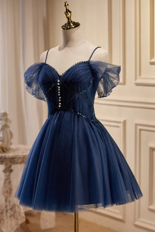 Spaghetti Straps V Neck Tulle Short Homecoming Dresses