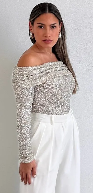 Sparkling Behavior Sequins Off-Shoulder Top