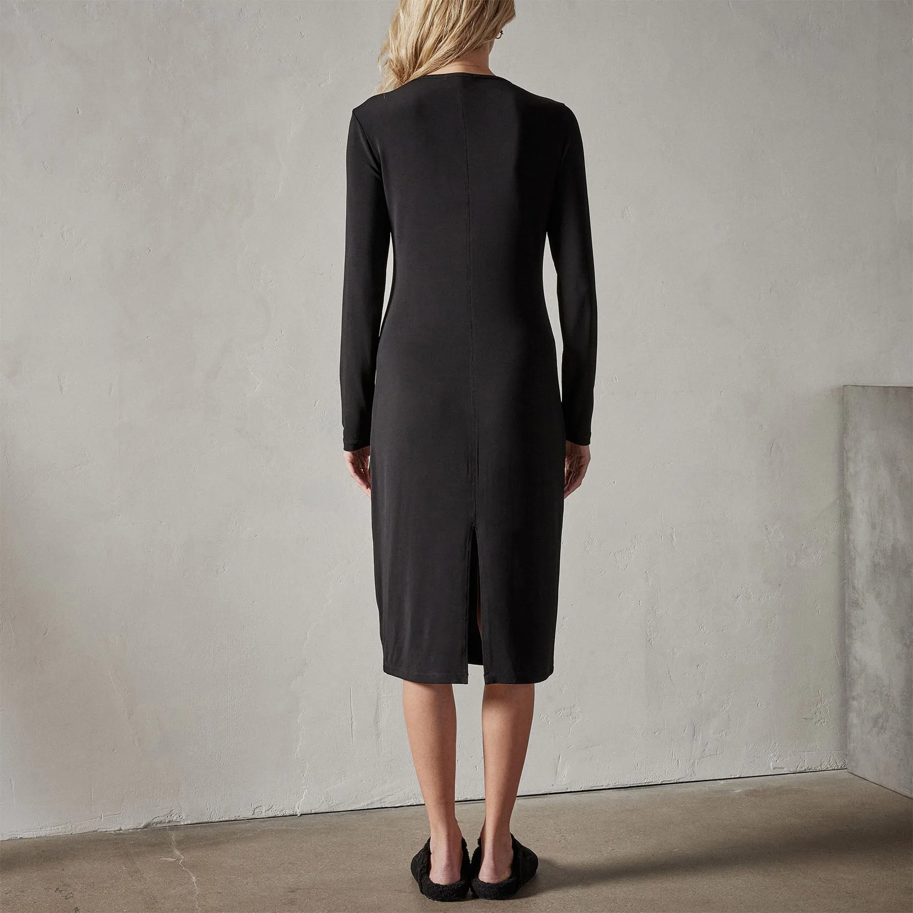 Split V Neck Jersey Shift Dress - Black