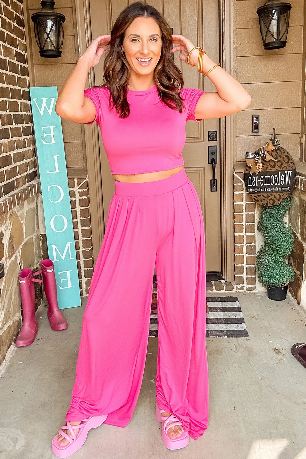 Strawberry Pink Solid Color Slim Fit Crop Top and Wide Leg Pants Set
