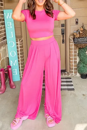 Strawberry Pink Solid Color Slim Fit Crop Top and Wide Leg Pants Set
