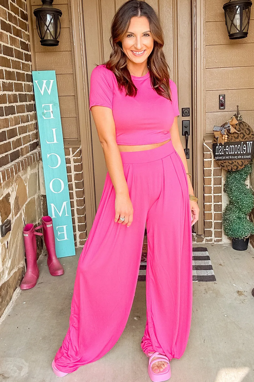 Strawberry Pink Solid Color Slim Fit Crop Top and Wide Leg Pants Set