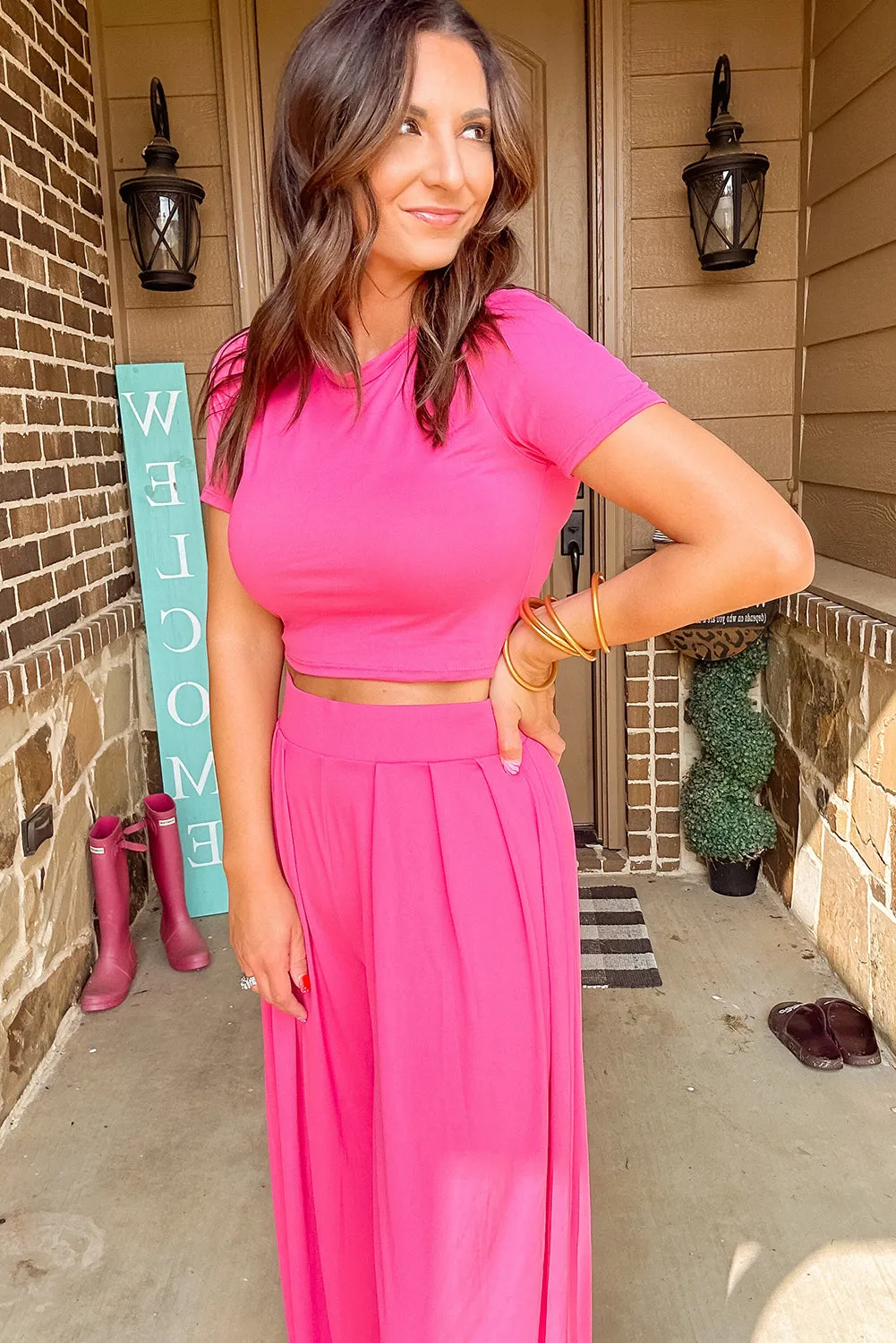 Strawberry Pink Solid Color Slim Fit Crop Top and Wide Leg Pants Set