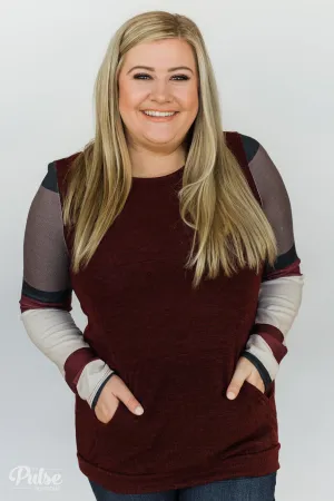 The Right Placement Color Block Sleeve Top- Maroon
