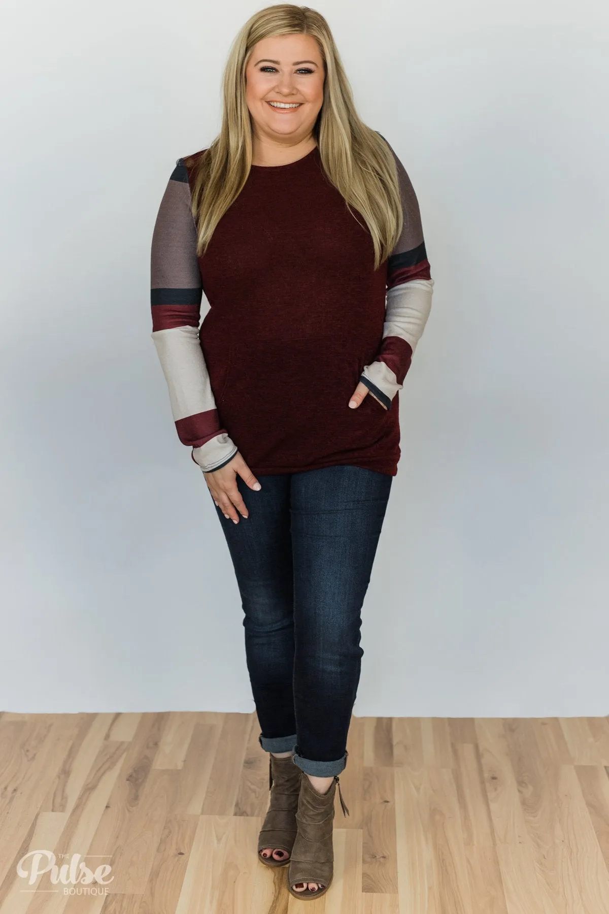 The Right Placement Color Block Sleeve Top- Maroon