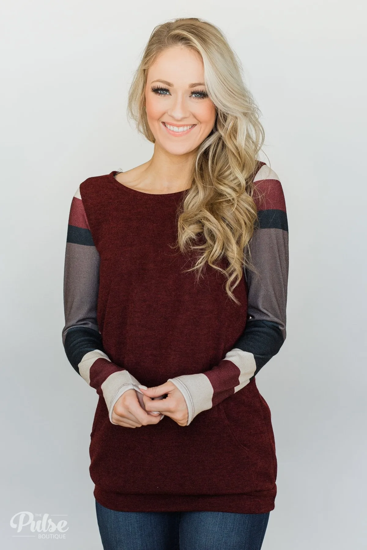 The Right Placement Color Block Sleeve Top- Maroon