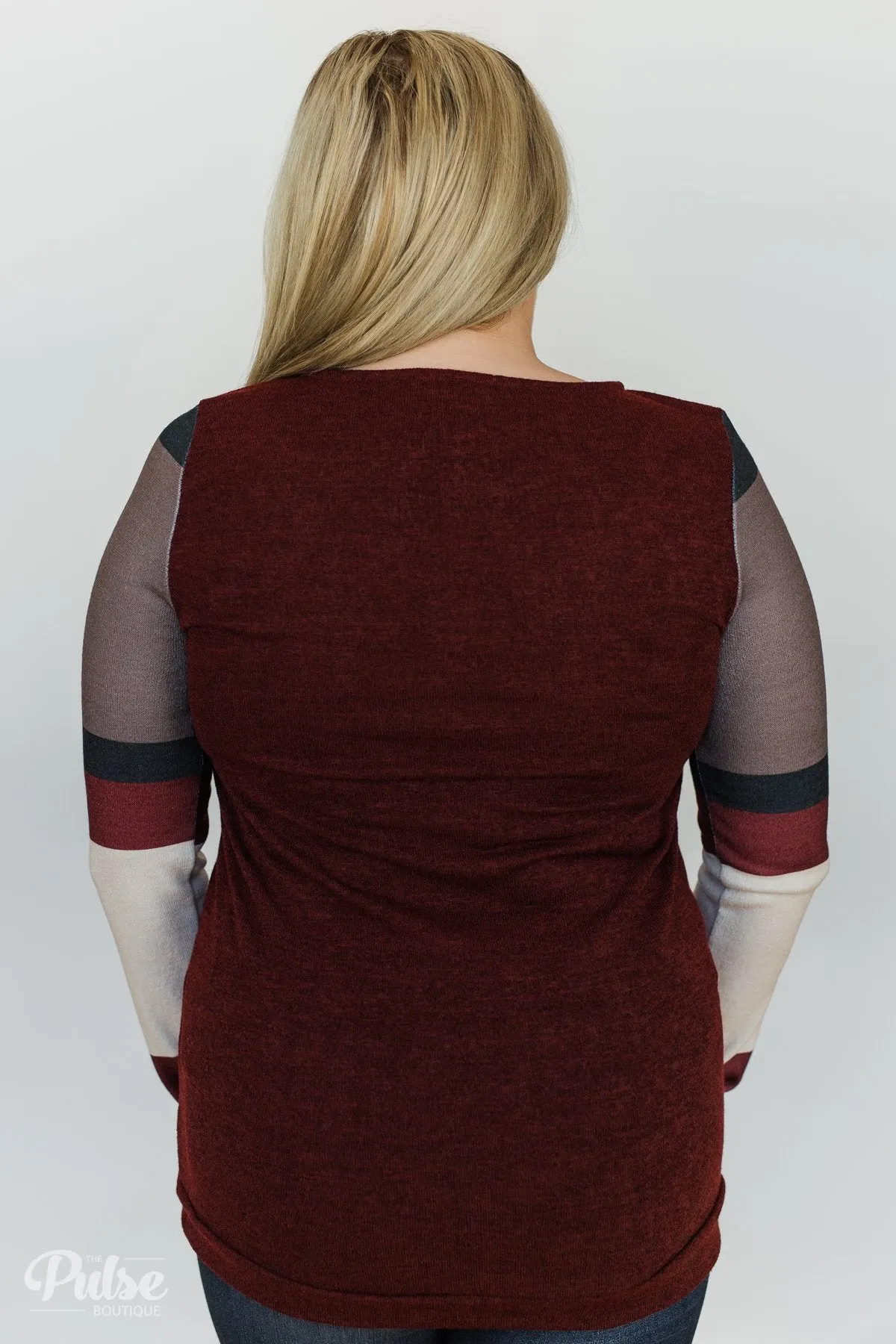 The Right Placement Color Block Sleeve Top- Maroon