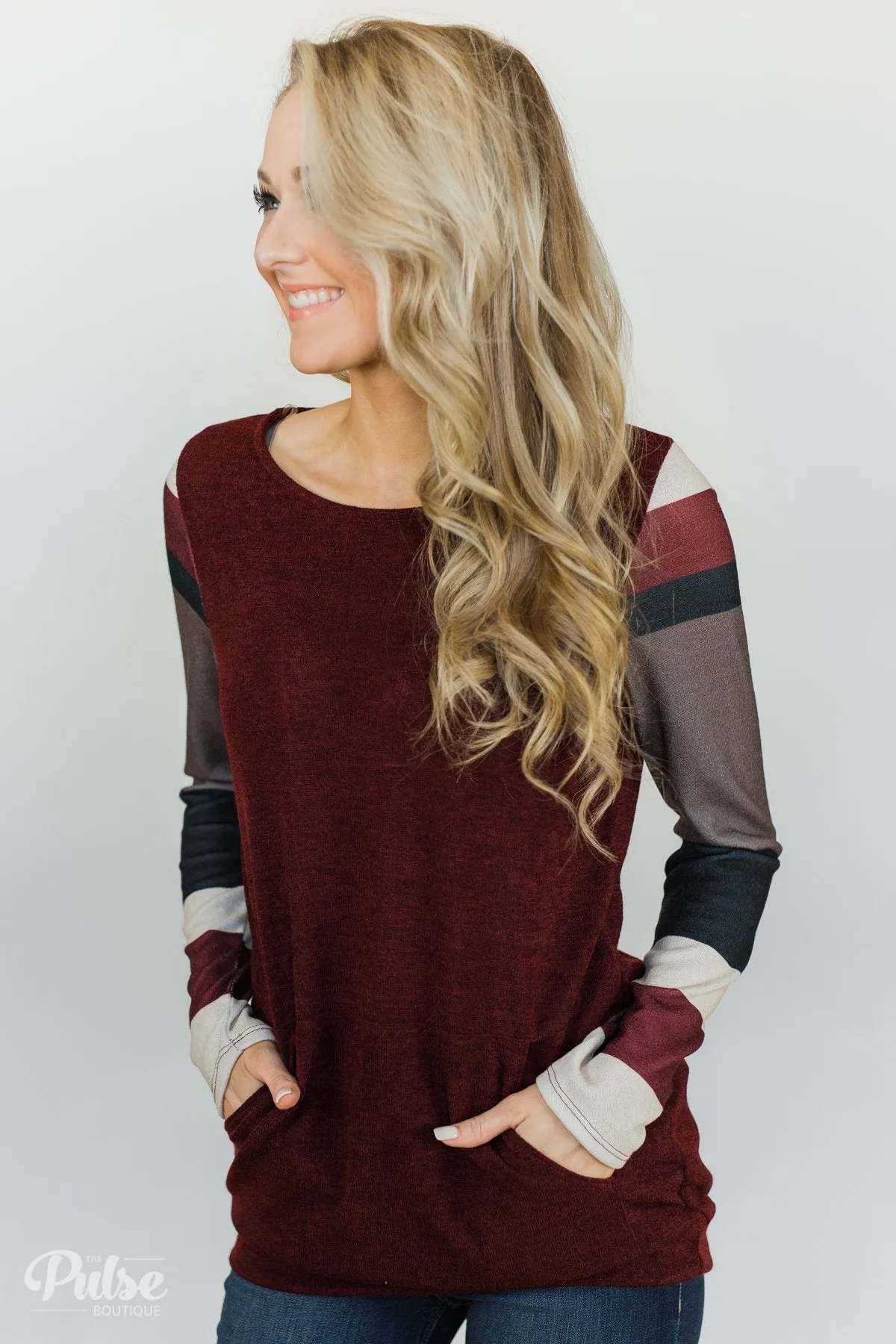 The Right Placement Color Block Sleeve Top- Maroon