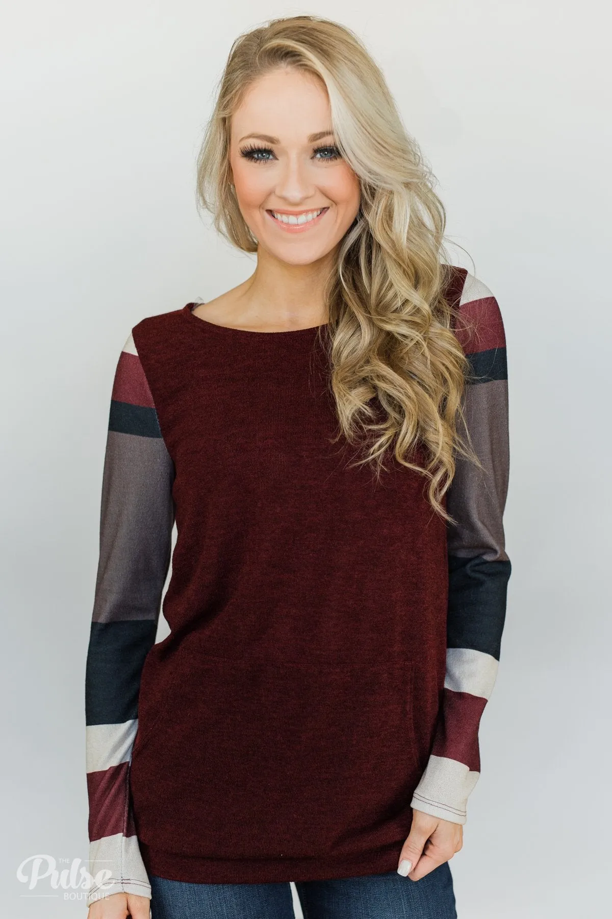 The Right Placement Color Block Sleeve Top- Maroon