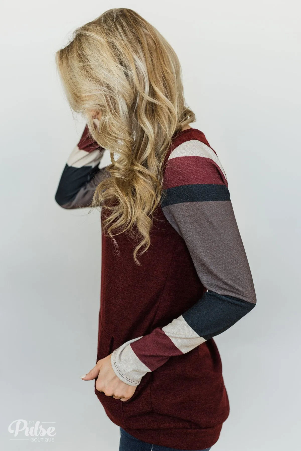 The Right Placement Color Block Sleeve Top- Maroon