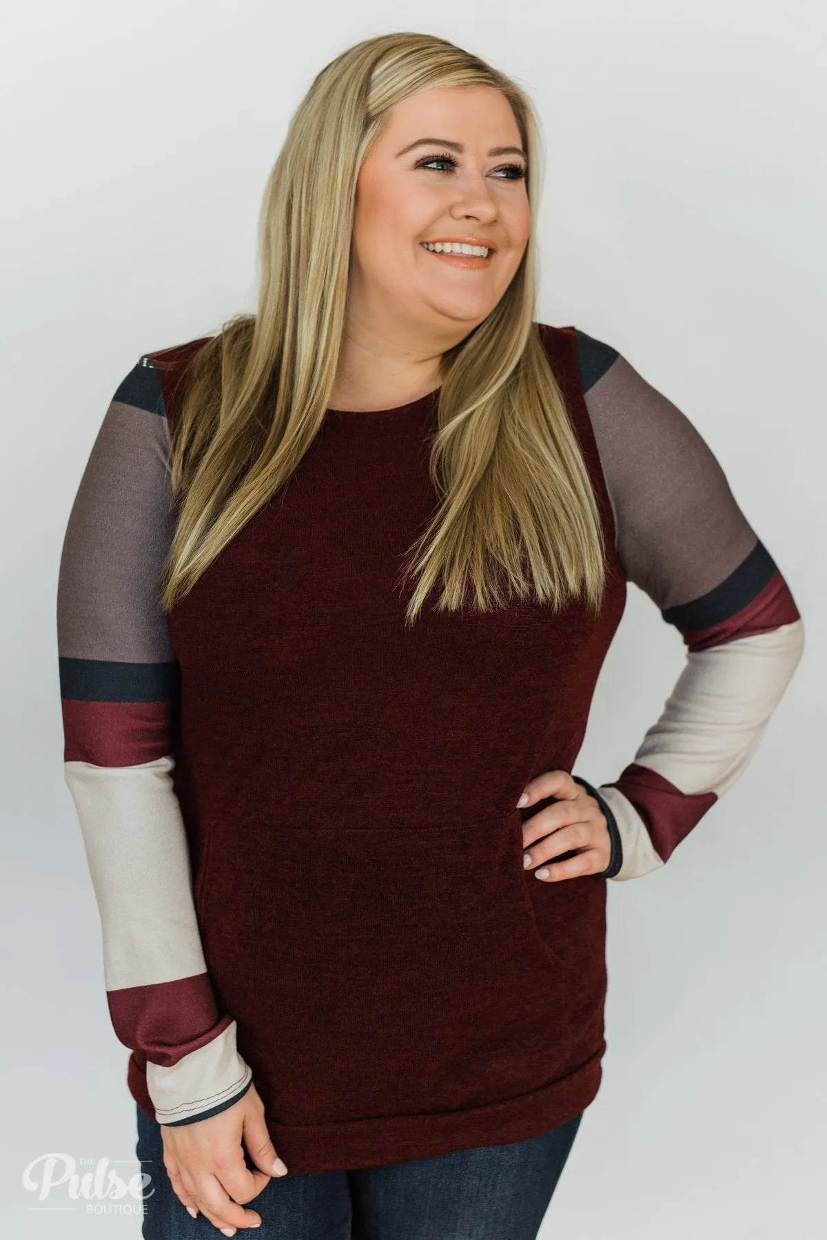The Right Placement Color Block Sleeve Top- Maroon