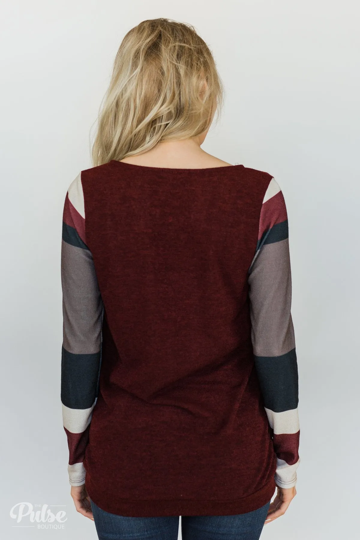 The Right Placement Color Block Sleeve Top- Maroon