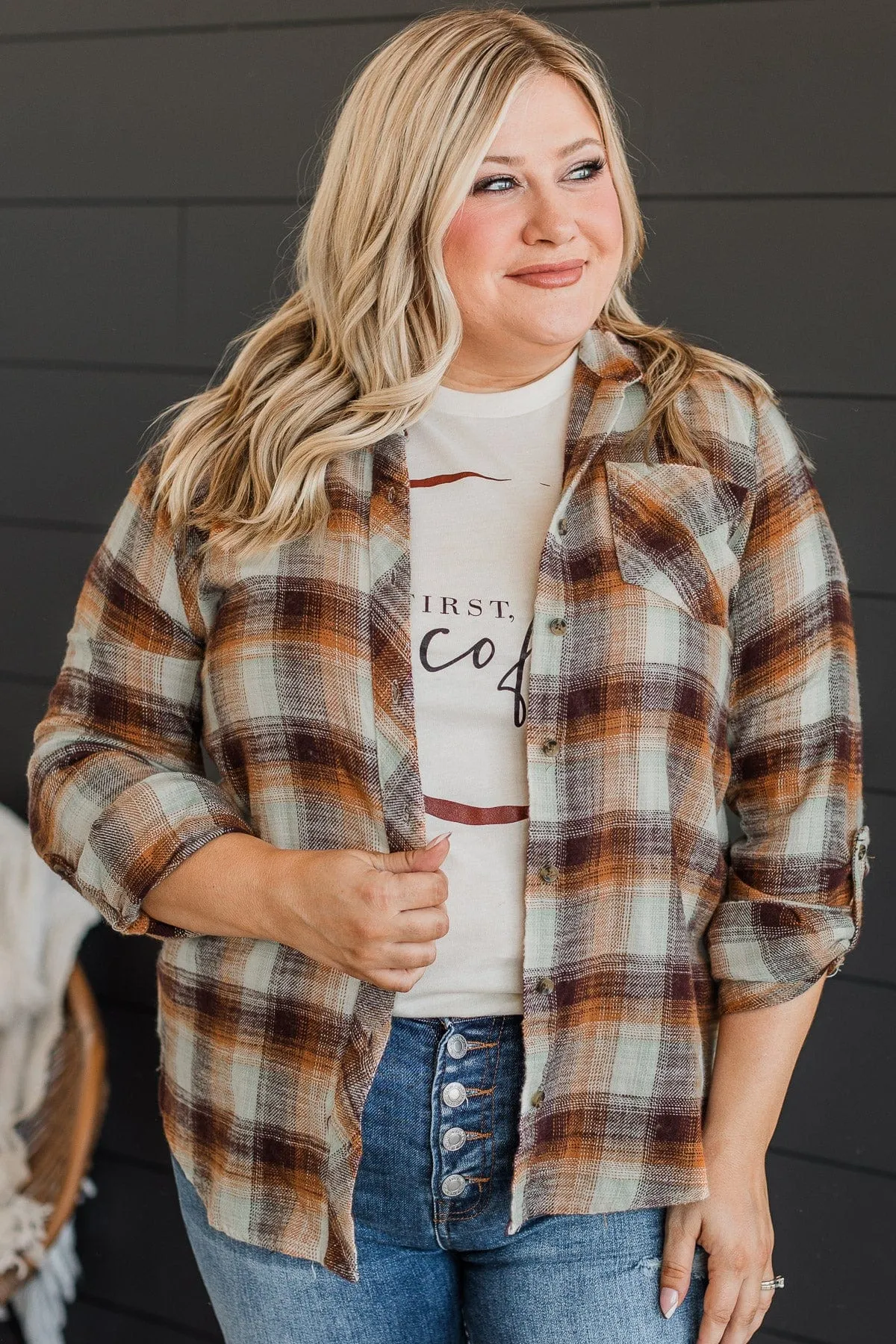 Thread & Supply Play It Up Plaid Top- Orange & Burgundy