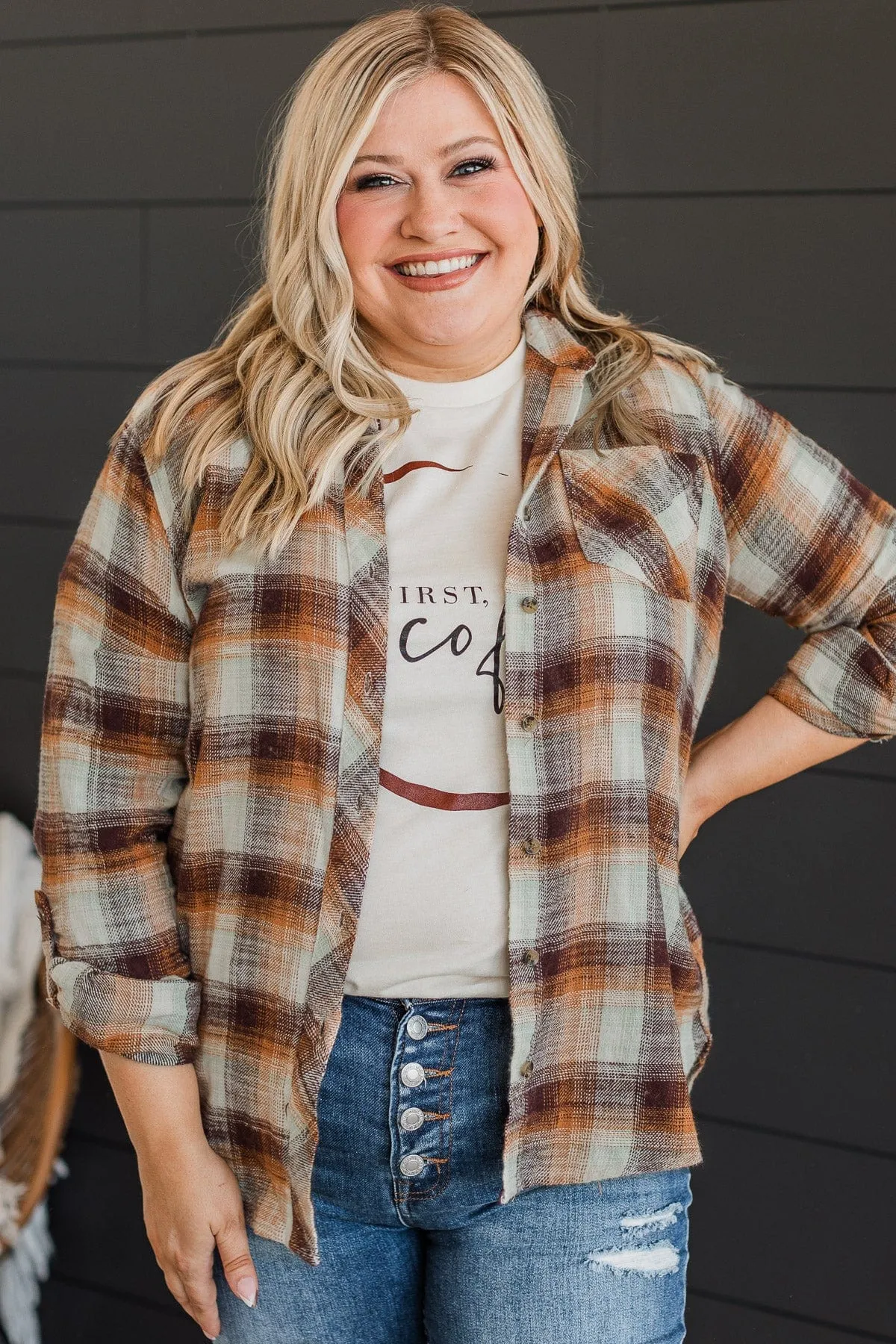 Thread & Supply Play It Up Plaid Top- Orange & Burgundy