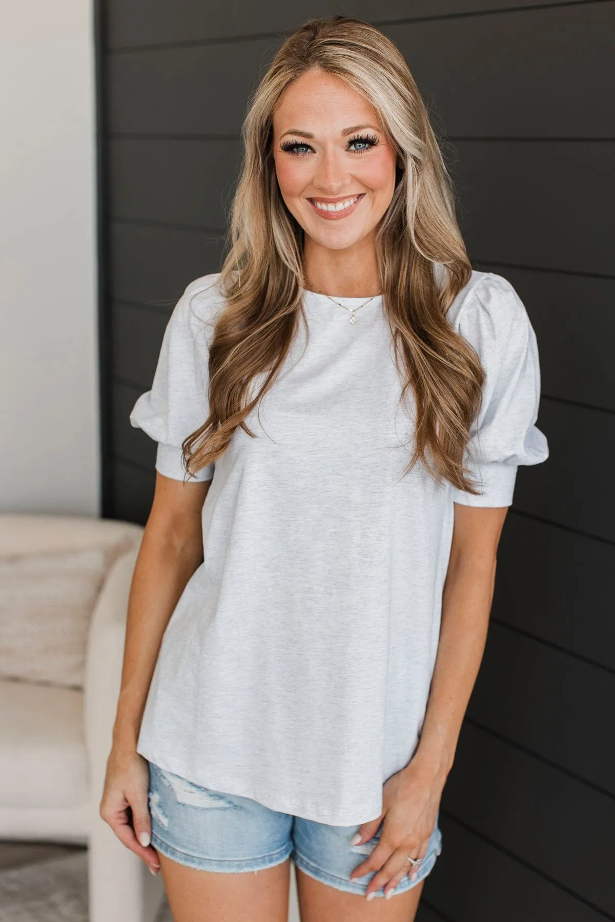 Treat Me With Love Puff Sleeve Top- Heather Grey