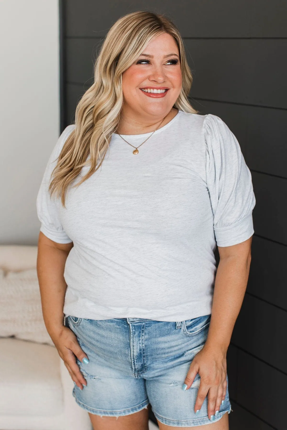 Treat Me With Love Puff Sleeve Top- Heather Grey