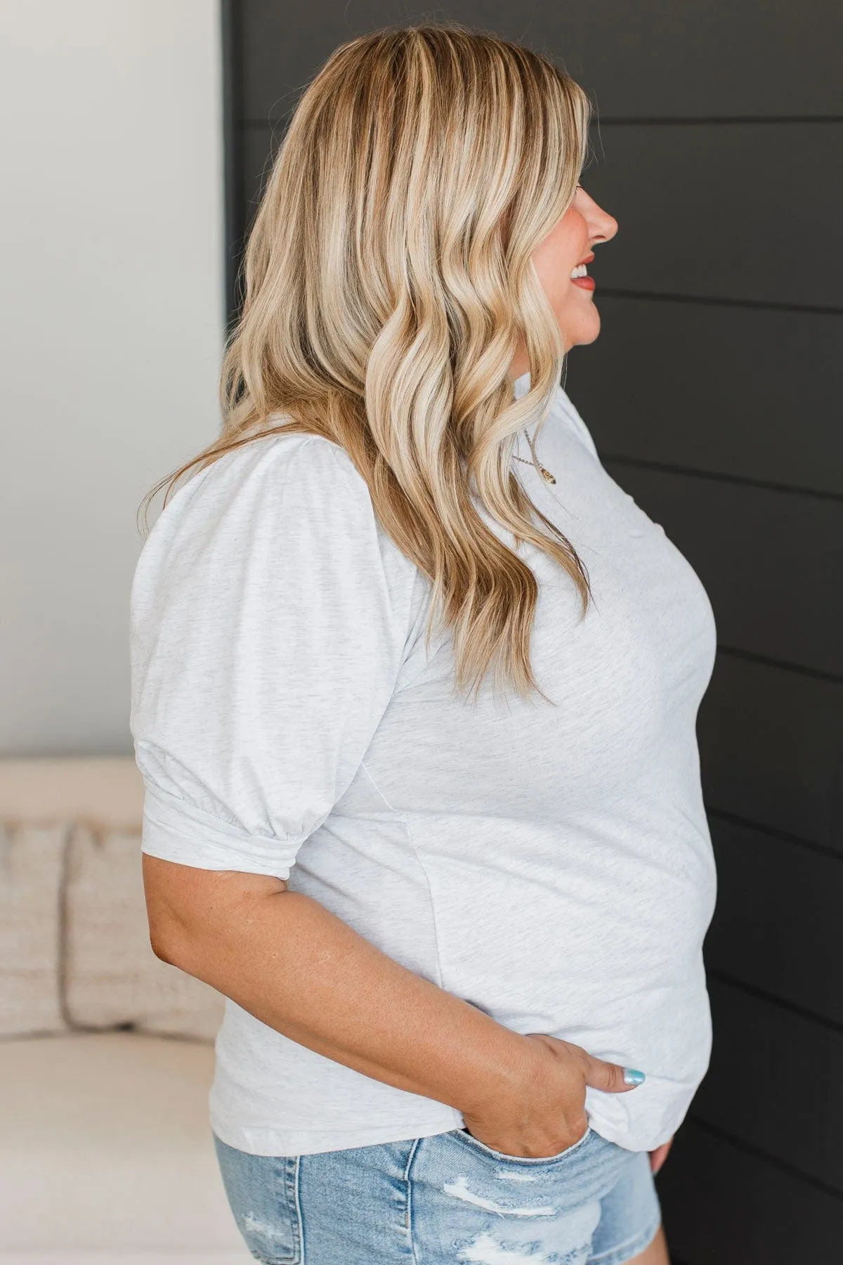 Treat Me With Love Puff Sleeve Top- Heather Grey