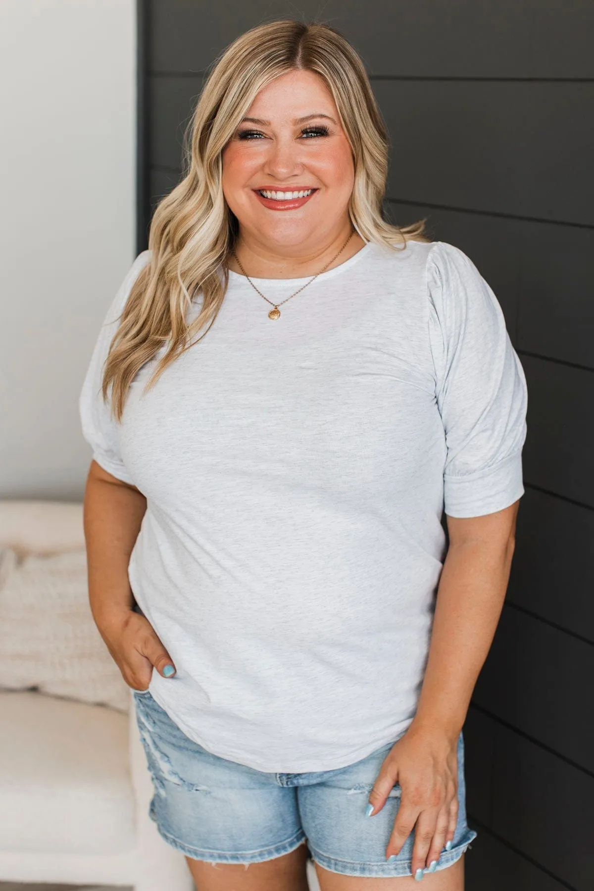 Treat Me With Love Puff Sleeve Top- Heather Grey