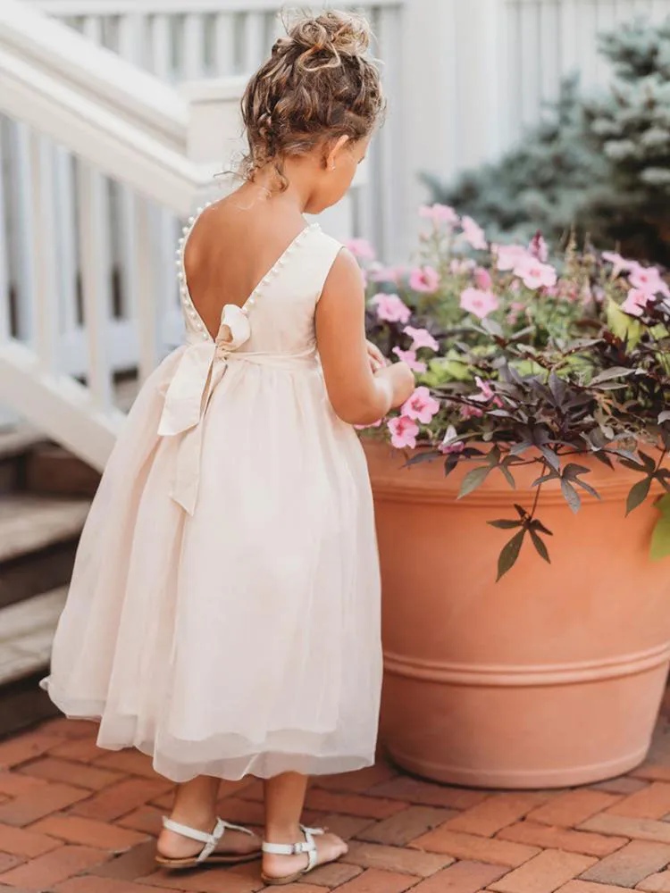 Tulle Champagne Jewel Neck Sleeveless Short Princess Party Dress Kids Sash Pageant Dresses