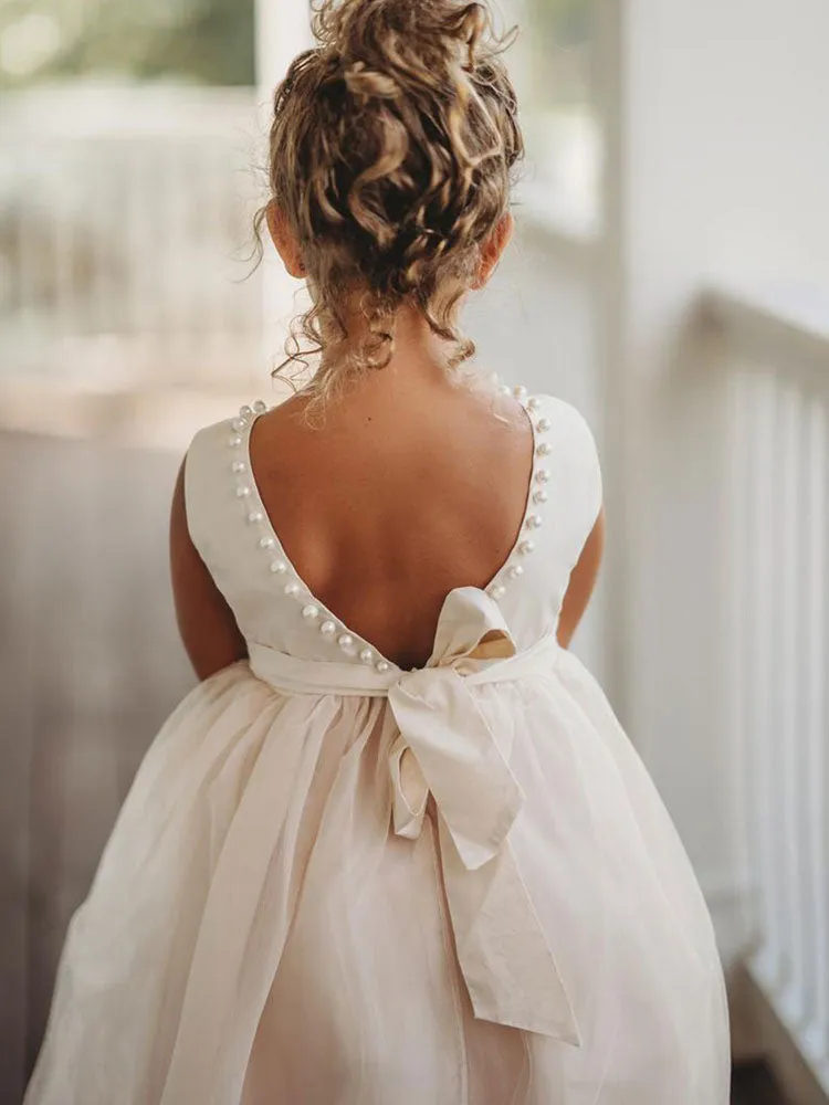Tulle Champagne Jewel Neck Sleeveless Short Princess Party Dress Kids Sash Pageant Dresses