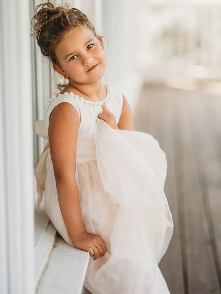 Tulle Champagne Jewel Neck Sleeveless Short Princess Party Dress Kids Sash Pageant Dresses