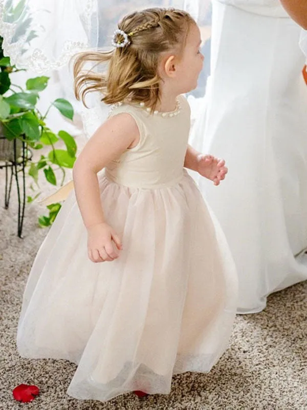 Tulle Champagne Jewel Neck Sleeveless Short Princess Party Dress Kids Sash Pageant Dresses