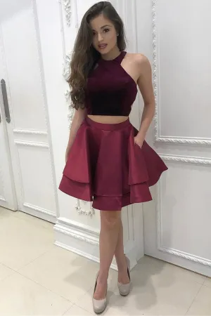 Two Pieces Burgundy Short Halter Homecoming Dress,Cheap Sexy Short Prom Dresses OK516