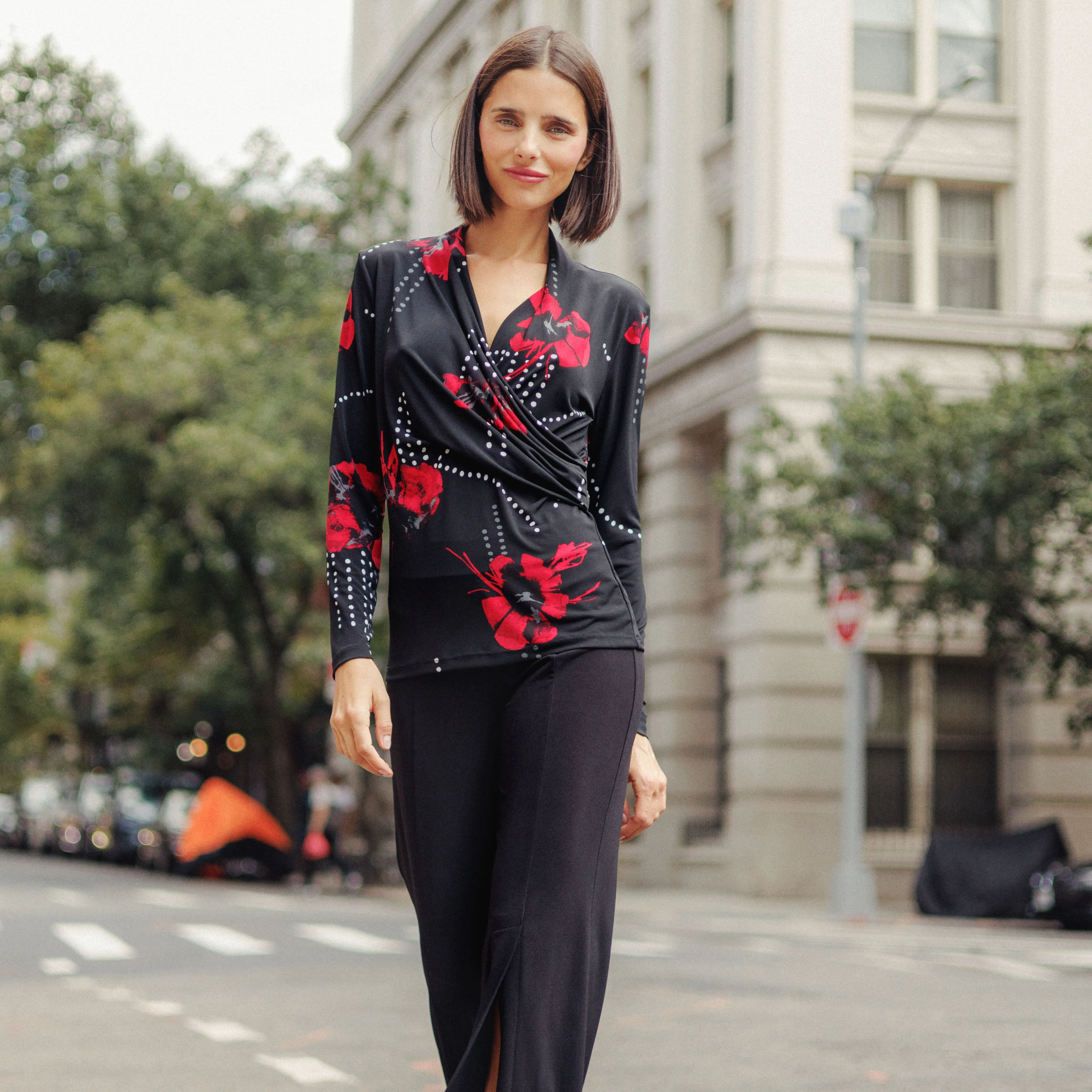 V-Neck Draped Pleat Top - Polka Poppy - Final Sale!