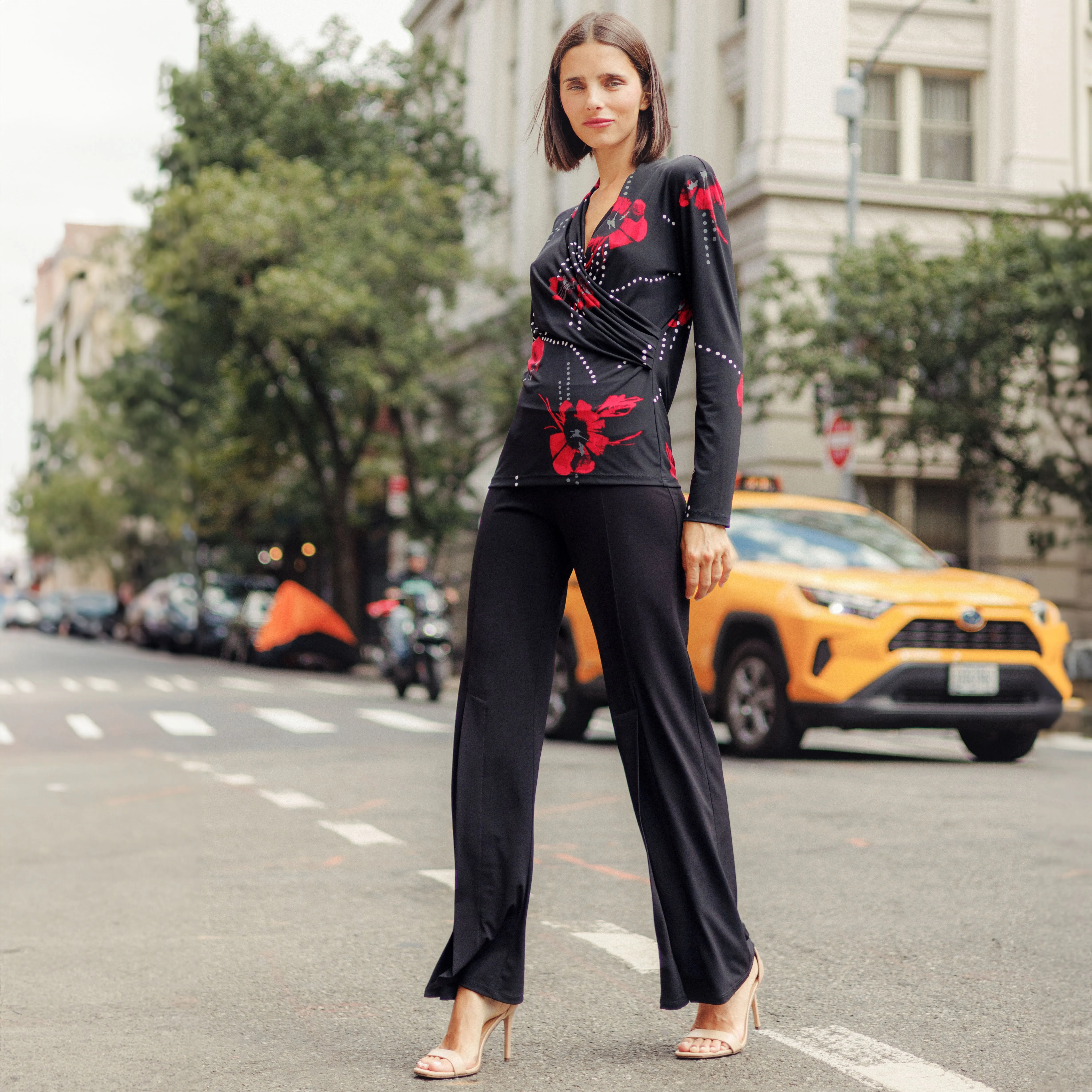 V-Neck Draped Pleat Top - Polka Poppy - Final Sale!